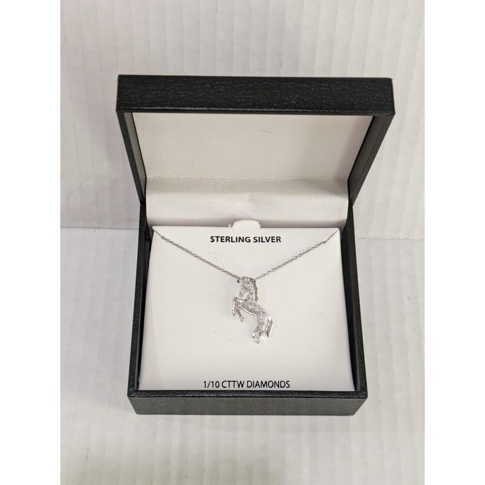 Sterling Silver Necklace‎ Diamond Horse Pendant Equestrian Charm 1/10 Carats New